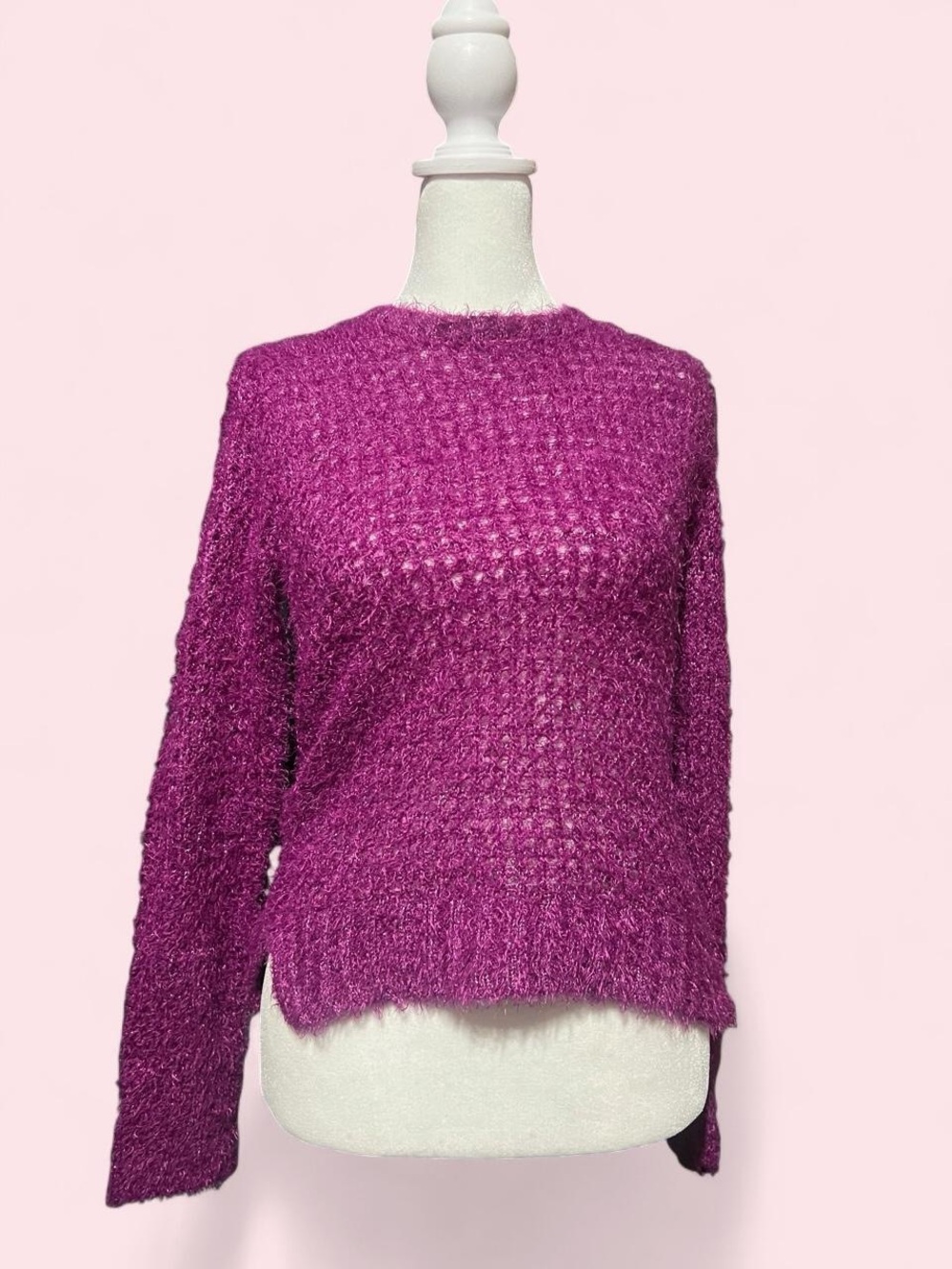 XS Plush Open-Knit Crewneck Sweater - Fuchsia